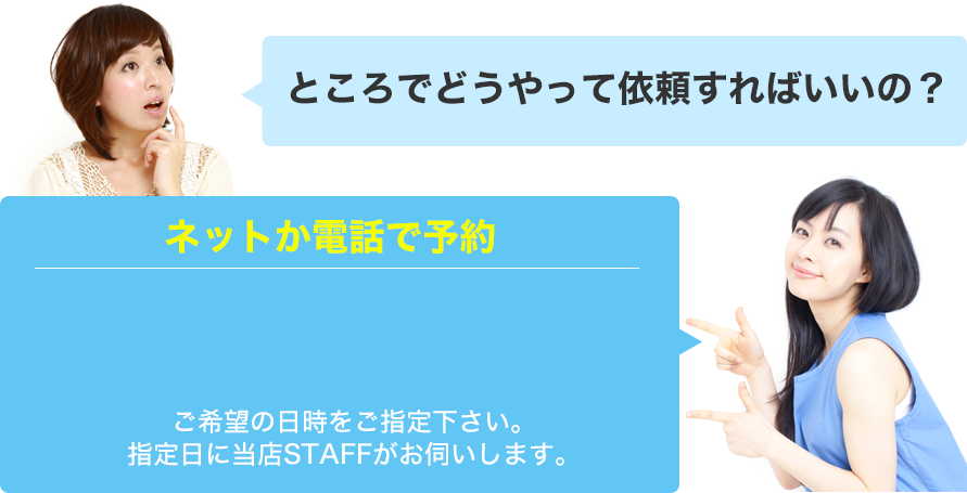 ネットの予約ご希望の日時をご指定下さい。
指定日に当店STAFFがお伺いします。